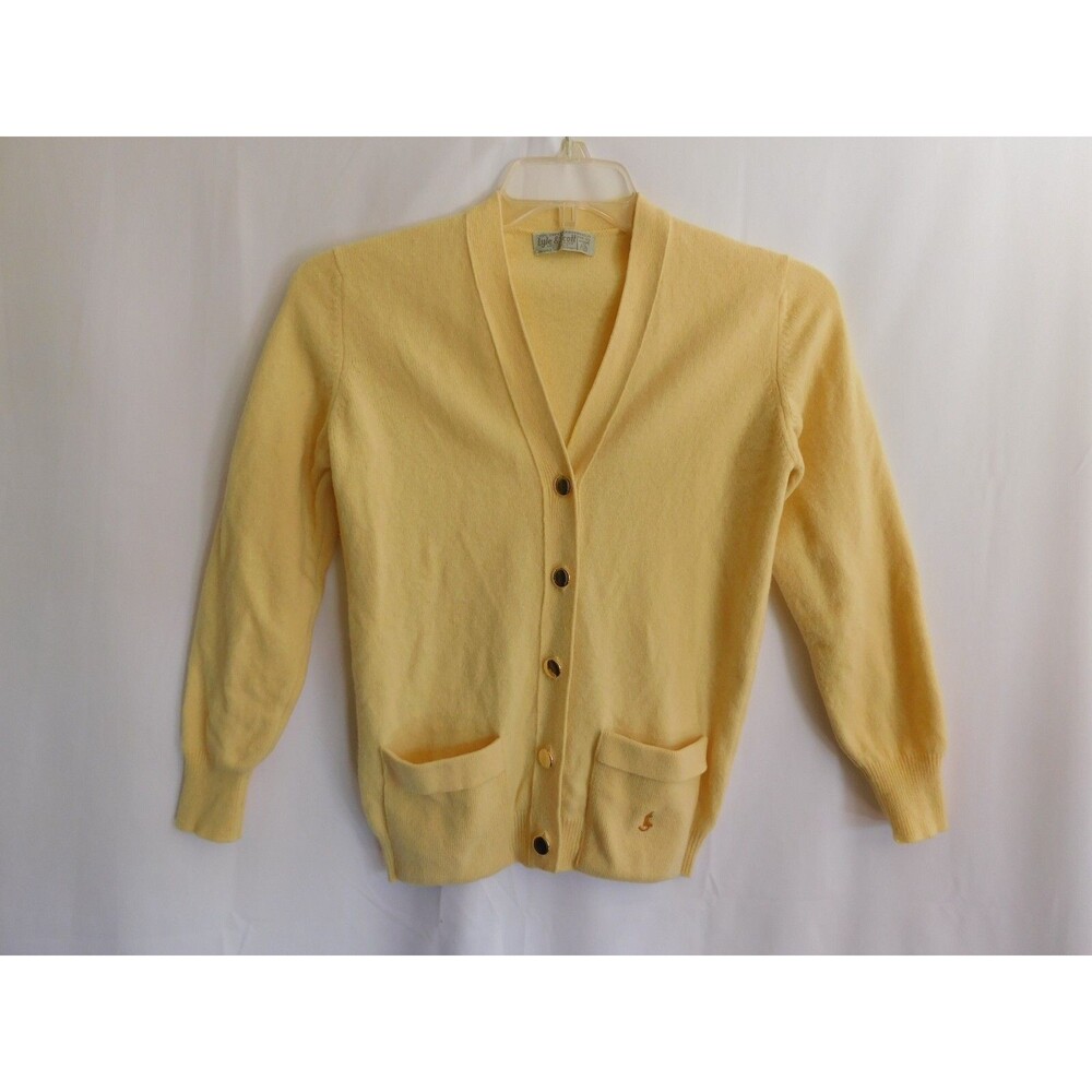 Vintage Lyle & Scott Cardigan Yellow Sweater Lambswool Knit Size 34